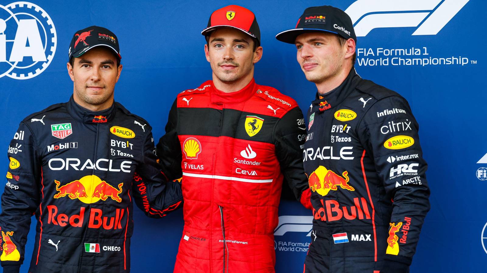 Charles Leclerc, Ferrari, Sergio Perez and Max Verstappen, Red Bull, pose for a picture. Azerbaijan, June 2022.
