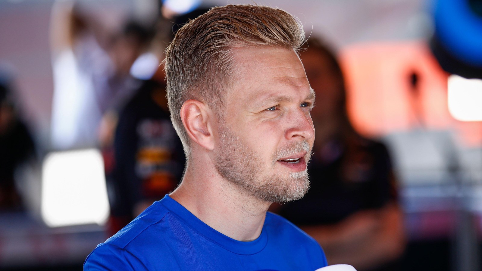 Haas driver Kevin Magnussen answering a question. Baku, June 2022.