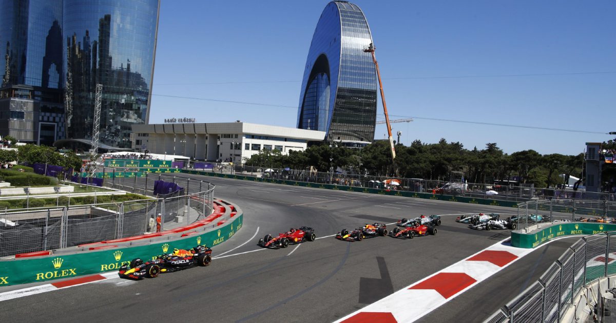 Red Bull's Sergio Perez leads on Lap 1 of the Azerbaijan Grand Prix. Results