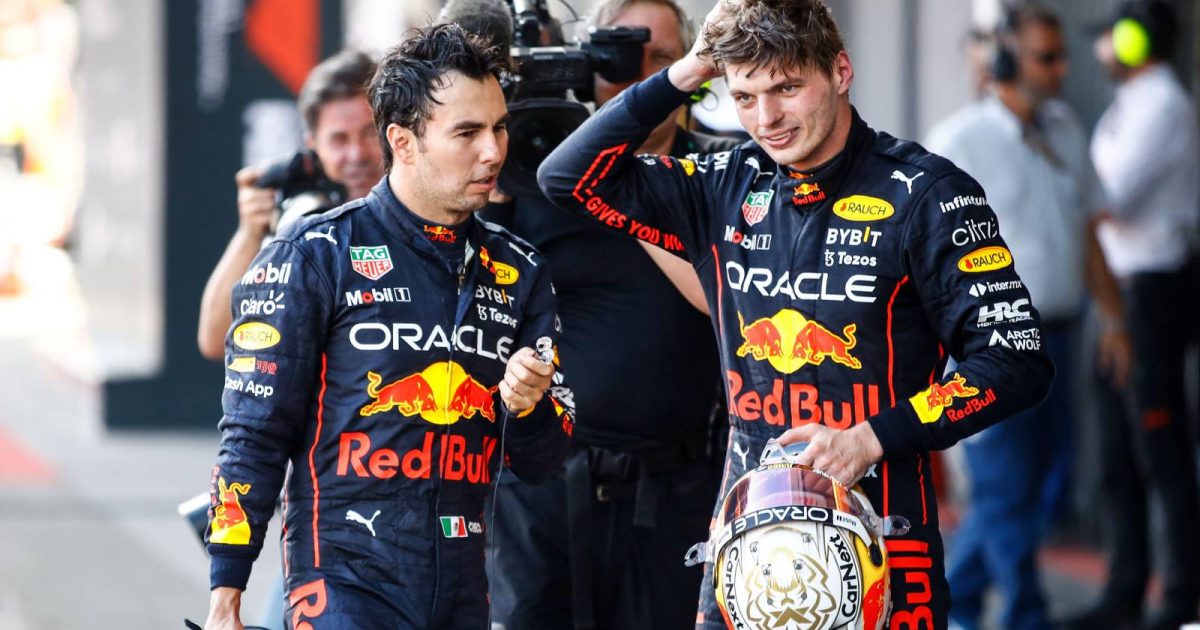 Sergio Perez and Max Verstappen, Red Bull, talk post-race. Azerbaijan, June 2022.