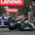 Lewis Hamilton heads a pack of cars. Baku June 2022.