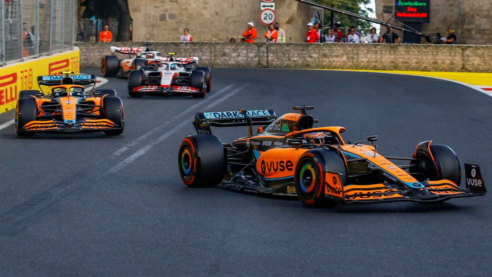 McLaren drivers Daniel Ricciardo and Lando Norris. Baku June 2022.