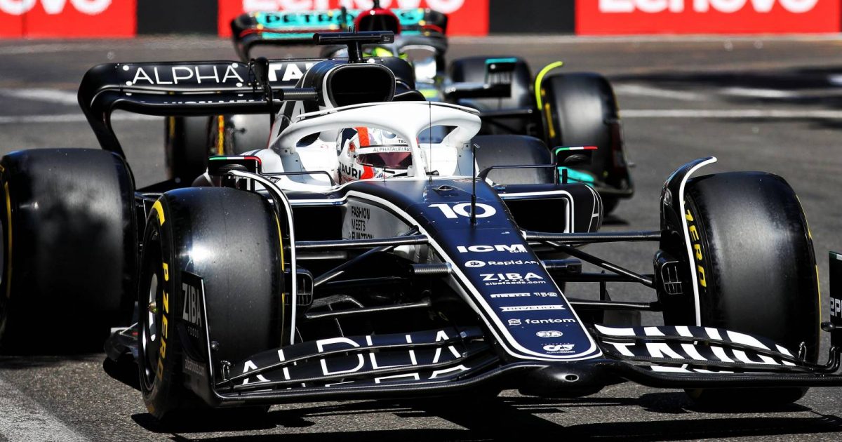Lewis Hamilton, Mercedes, pursues Pierre Gasly, AlphaTauri. Azerbaijan, June 2022.