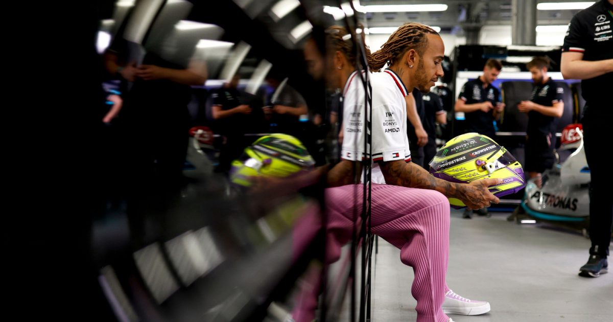 Lewis Hamilton staring at his helmet in the garage. Baku June 2022