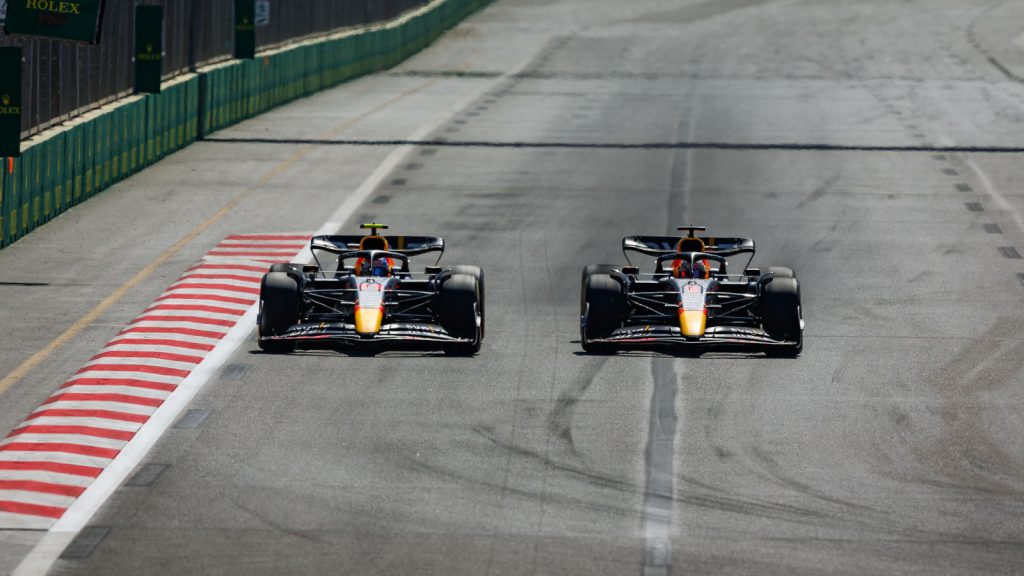 Max Verstappen passes Sergio Perez. Baku June 2022