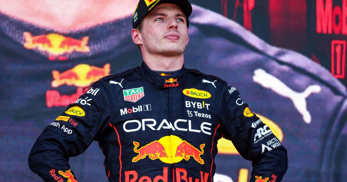 Max Verstappen, Red Bull, stands proud on the podium. Azerbaijan, June 2022.