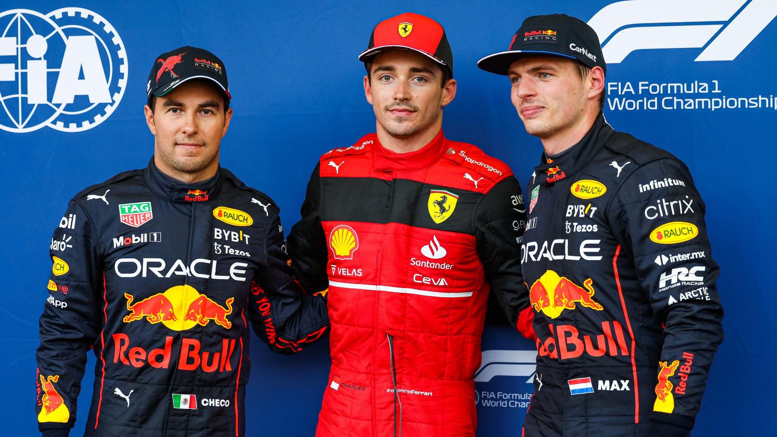Charles Leclerc stands with Sergio Perez and Max Verstappen. Baku, June 2022.
