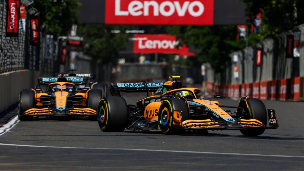 McLaren duo Daniel Ricciardo and Lando Norris during the Azerbaijan GP. Baku June 2022.