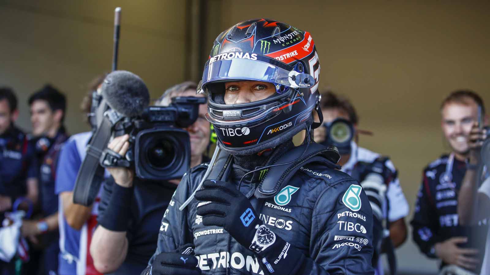 Mercedes driver George Russell in parc ferme. Baku June 2022.