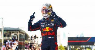 Max Verstappen raises his hands in victory. Baku June 2022.