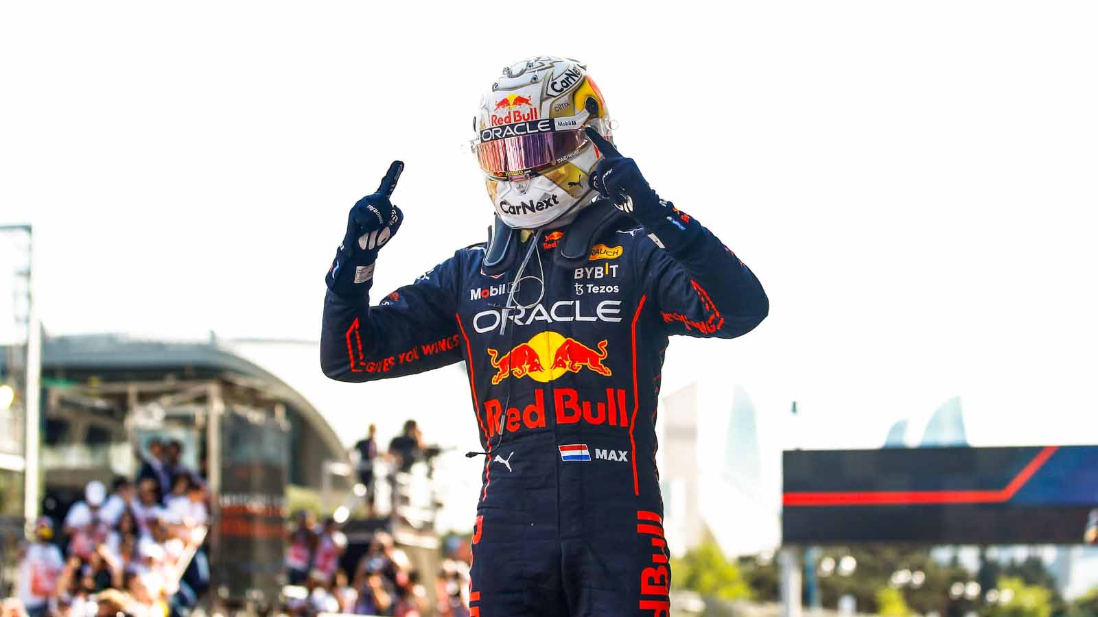 Max Verstappen raises his hands in victory. Baku June 2022.