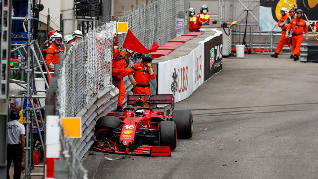 Ferrari's Charles Leclerc crashes during qualifying for the 2021 Monaco Grand Prix. Monte Carlo, May 2021.