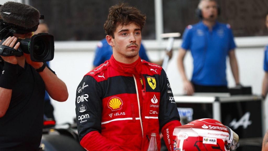 Charles Leclerc looks on disappointed. Baku, June 2022.