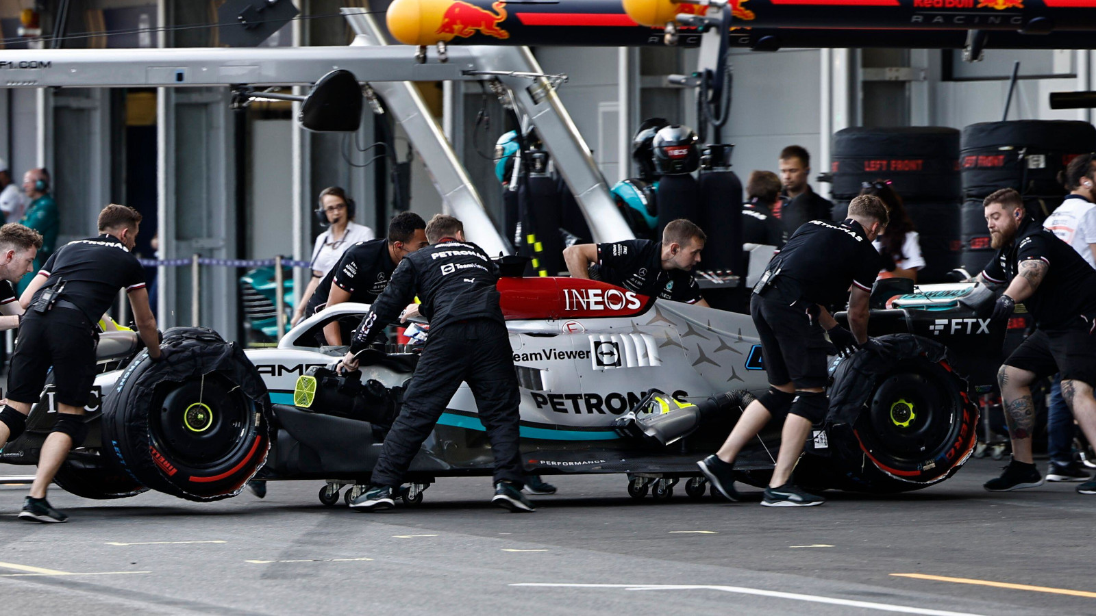 Lewis Hamilton pushed back in the Mercedes garage. Baku June 2022