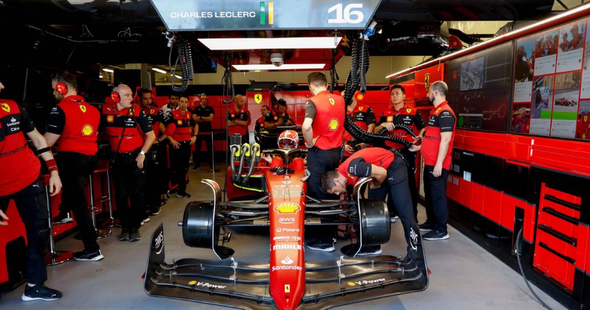 Charles Leclerc's car in the Ferrari garage. Baku June 2022.