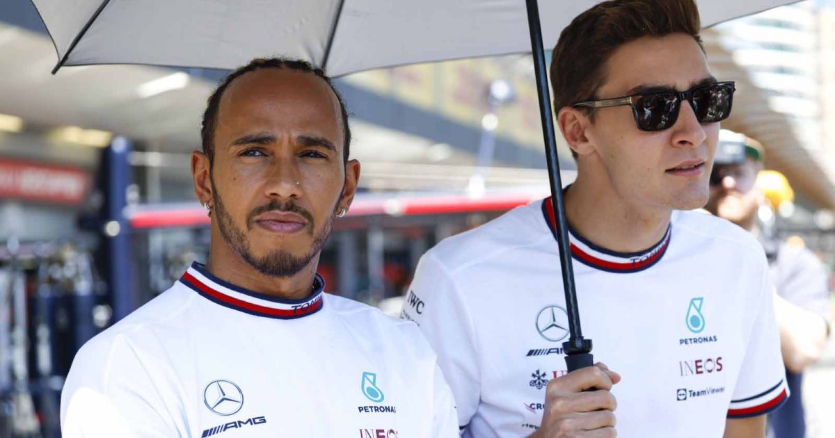 Mercedes team-mates Lewis Hamilton and George Russell. Formula 1 Baku June 2022.