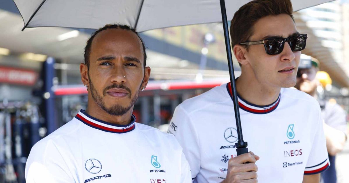 Mercedes team-mates Lewis Hamilton and George Russell. Baku June 2022.