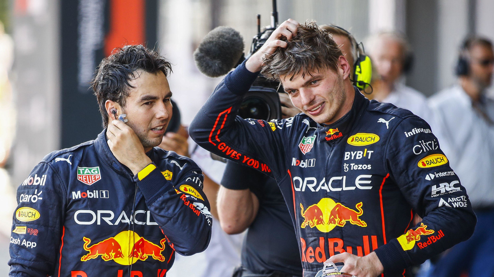 Sergio Perez and Max Verstappen speaking after the race. Baku June 2022