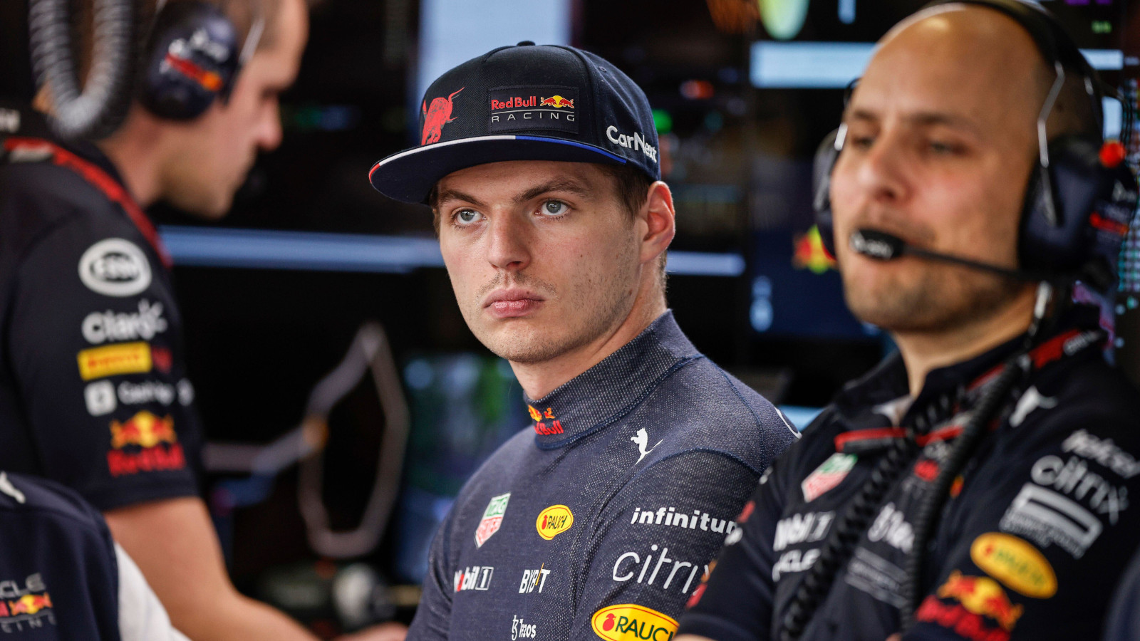 Max Verstappen not looking happy as he stares. Baku June 2022