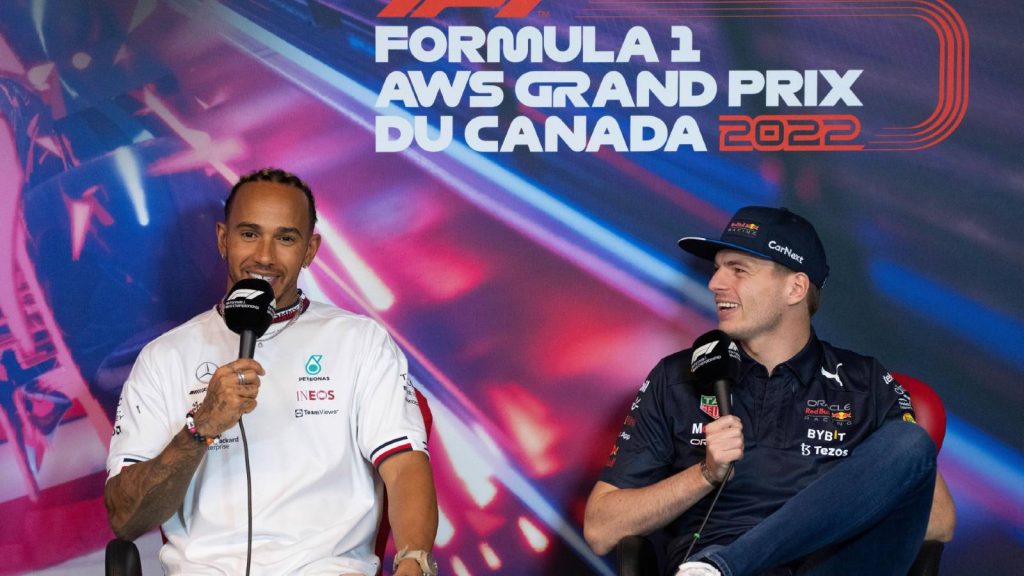 Lewis Hamilton and Max Verstappen during a press conference. Montreal June 2022.