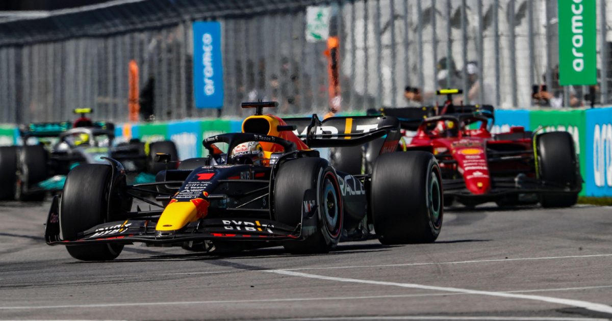 Red Bull's Max Verstappen leads the Canadian Grand Prix ahead of Ferrari's Carlos Sainz on Pirelli tyres. Montreal, June 2022.