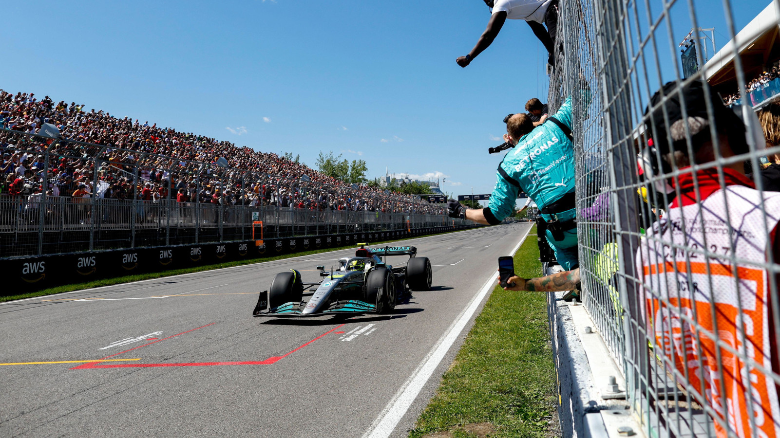 Lewis Hamilton cheered on by Mercedes as he finishes third. Montreal June 2022