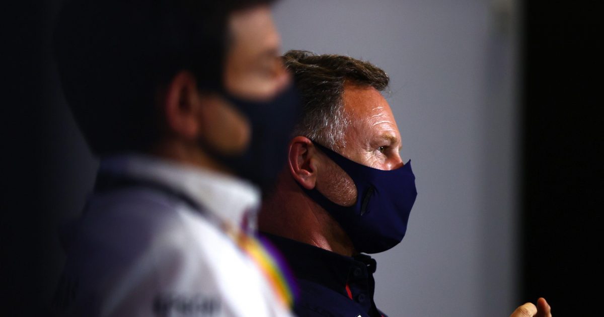 Toto Wolff, Mercedes, and Christian Horner, Red Bull, talk to media. England, July 2021.