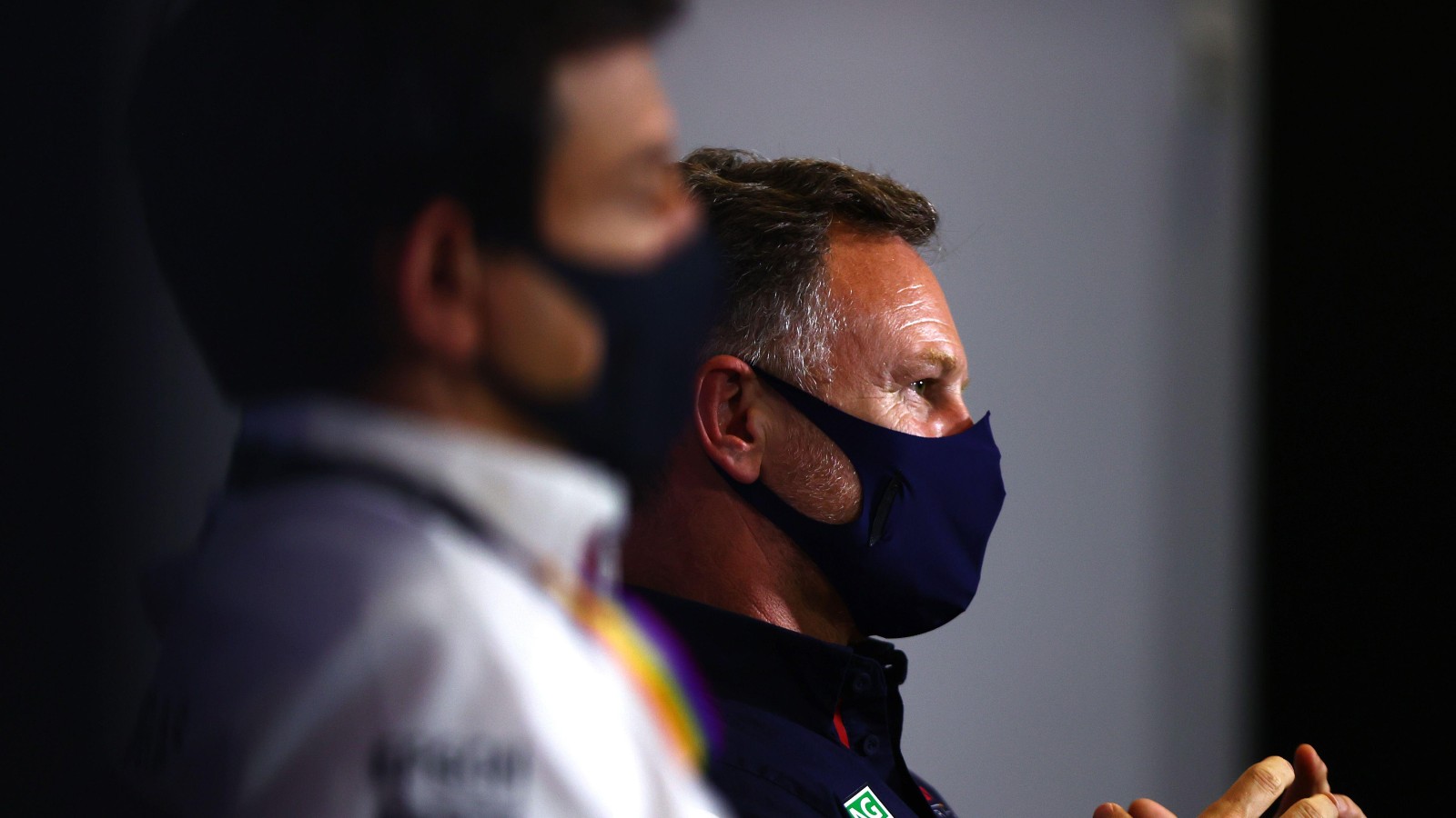 Toto Wolff, Mercedes, and Christian Horner, Red Bull, talk to media. England, July 2021.