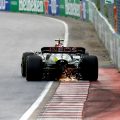Lewis Hamilton from behind sparks on the kerb. Canada June 2022