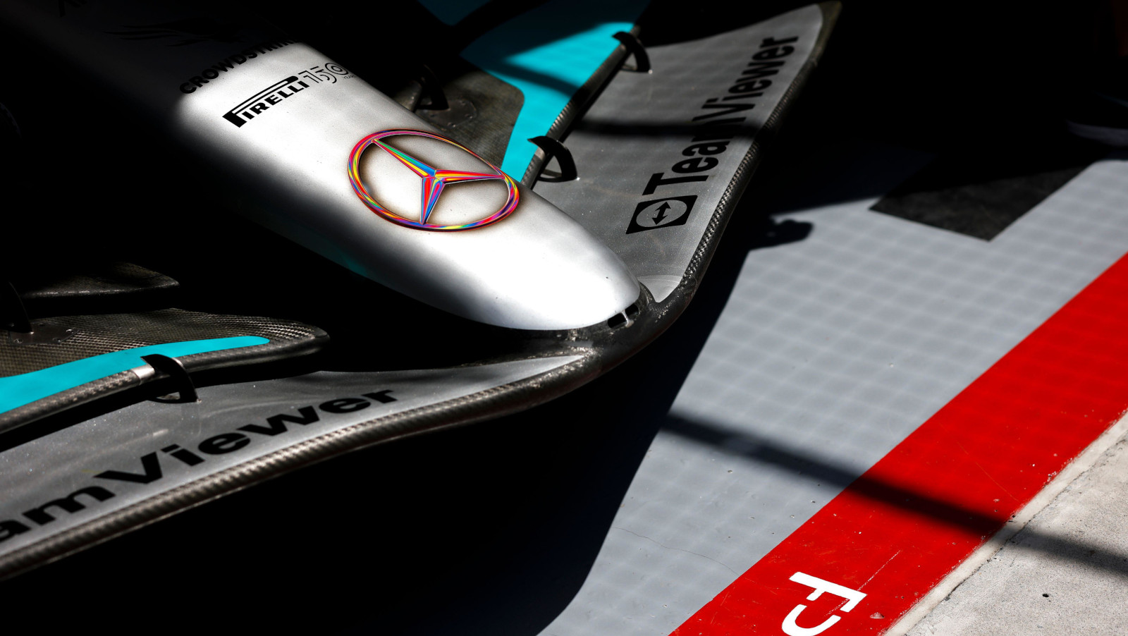 Mechanical detail of the Mercedes front wing, badge in pride colours. Canada June 2022