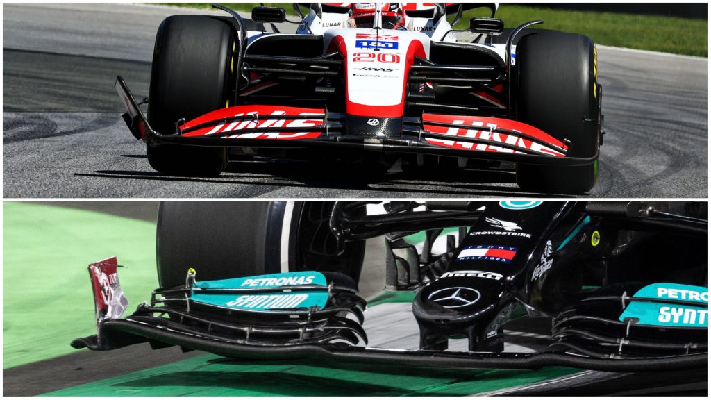 Haas' Kevin Magnussen and Mercedes' Lewis Hamilton front wing damage.