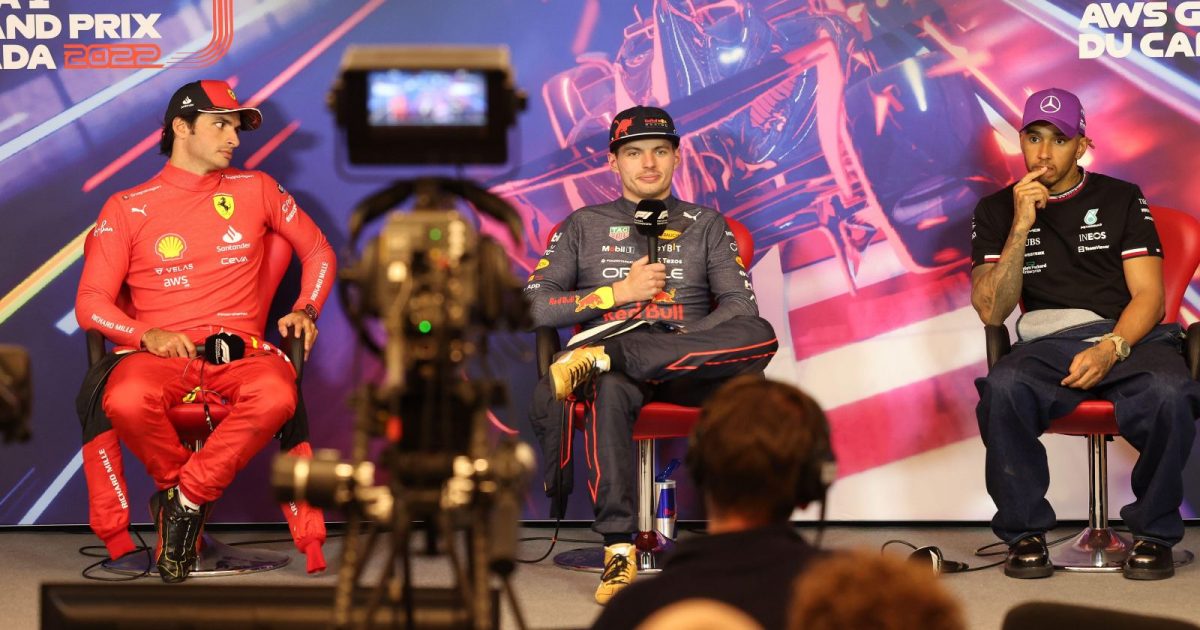 Carlos Sainz, Max Verstappen and Lewis Hamilton in front of a TV camera. Montreal, June 2022.