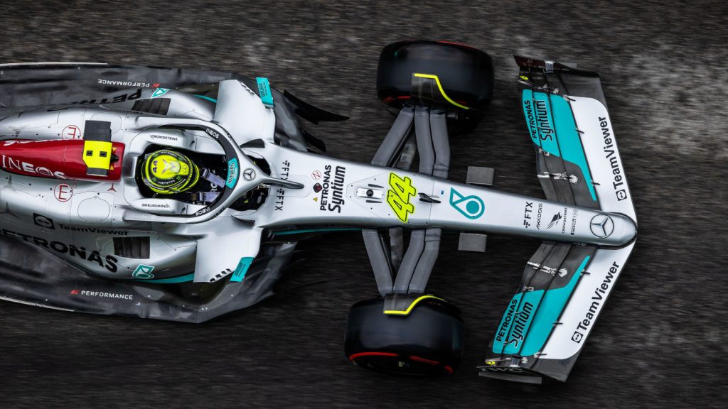 Lewis Hamilton shot from above soft tyres 44. Imola April 2022
