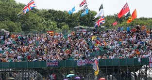 Silverstone fans pack out the grandstands. Silverstone July 2021