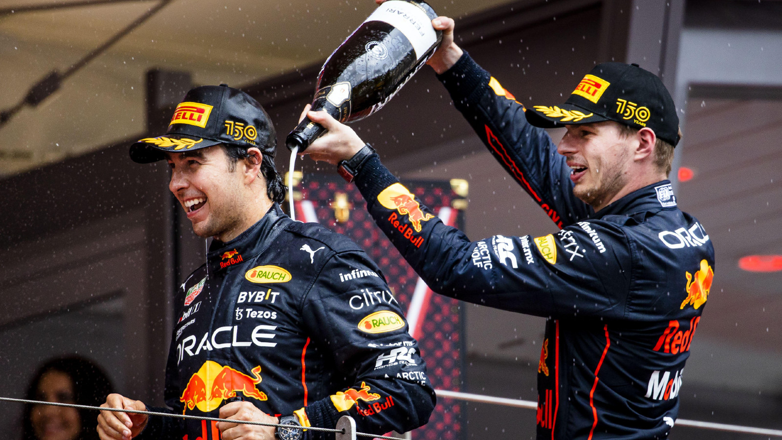 Red Bull's Sergio Perez and Max Verstappen at the Monaco Grand Prix. Monte Carlo, May 2022.