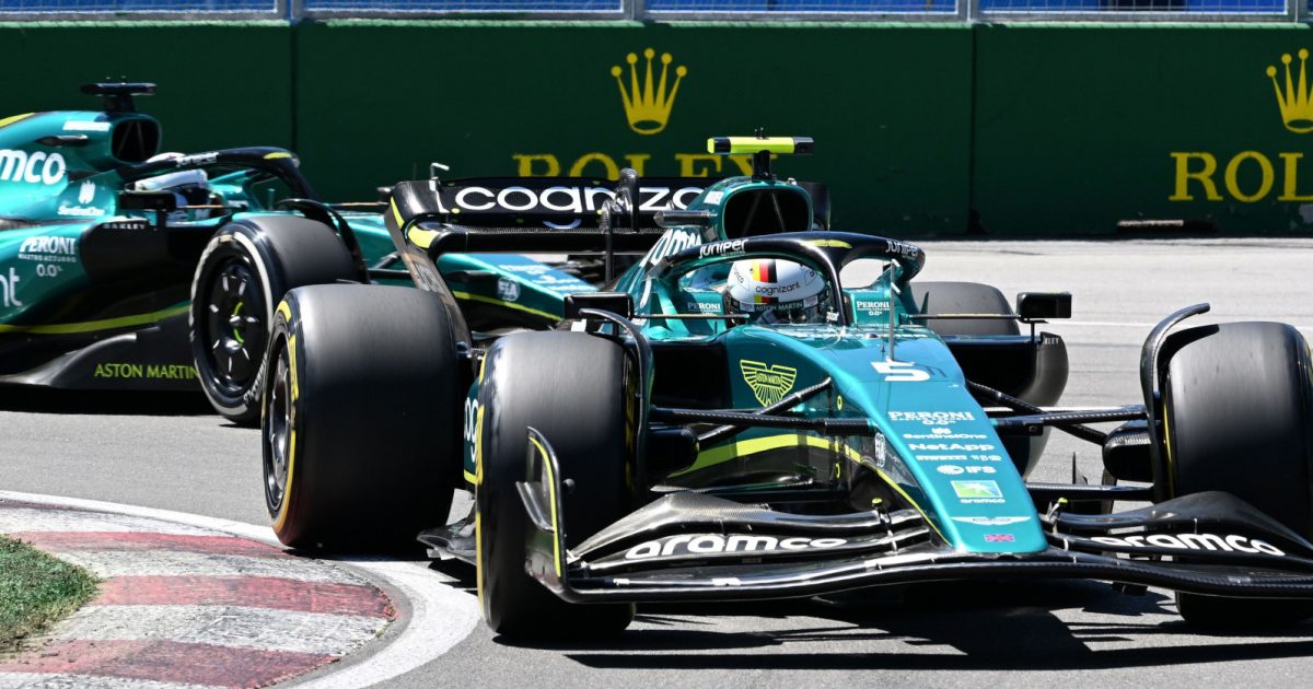 Sebastian Vettel of Germany steers ahead of team-mate Lance Stroll. Canada June 2022