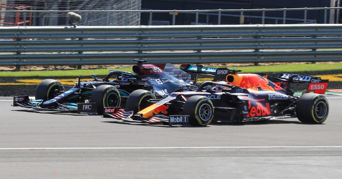 Red Bull's Max Verstappen and Mercedes' Lewis Hamilton at the 2021 British Grand Prix. Silverstone, June 2021.