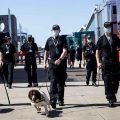 Police and dogs patrol the paddock. British GP Silverstone July 2021.