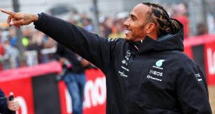 Lewis Hamilton pointing a finger towards the crowd. Silverstone June 2022.