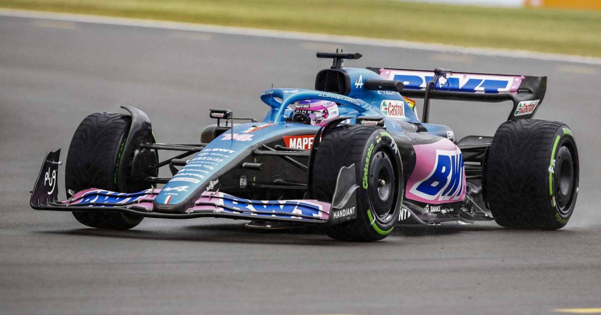 Fernando Alonso on intermediate tyres. Britain July 2022.