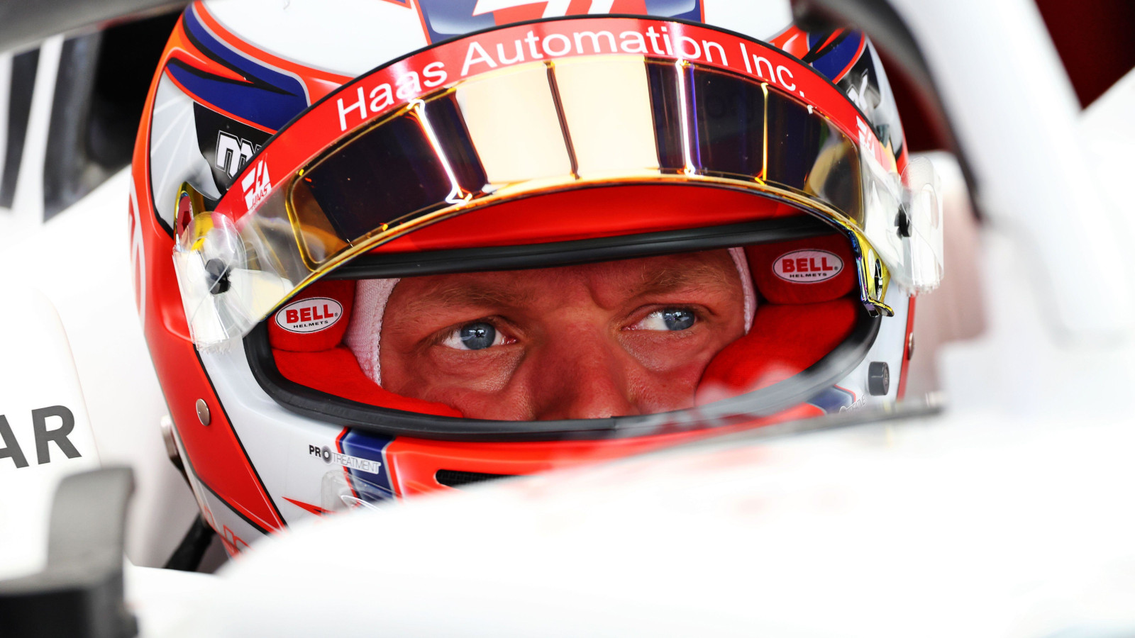 Kevin Magnussen up close with his visor raised. Silverstone July 2022
