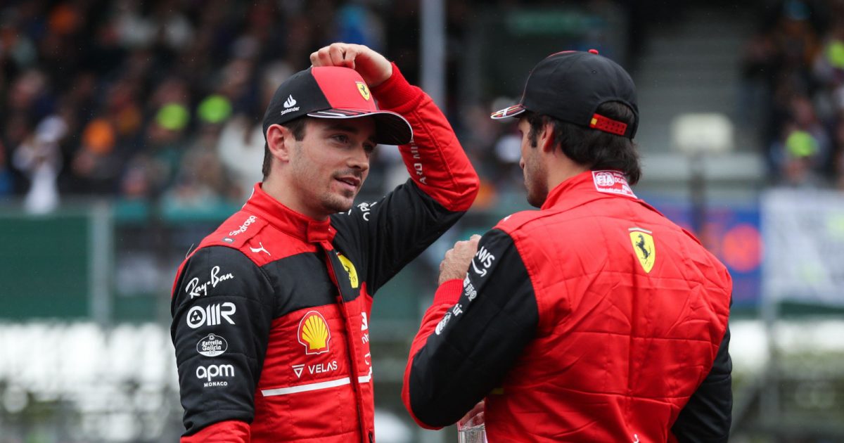 Charles Leclerc and Carlos Sainz speaking on the track after qualifying. Silverstone July 2022