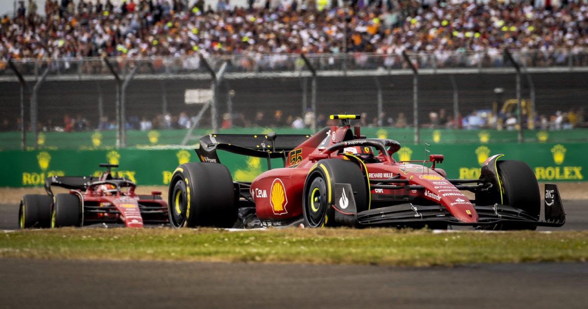 Ferrari's Carlos Sainz leads Charles Leclerc at British Grand Prix. Silverstone, July 2022.