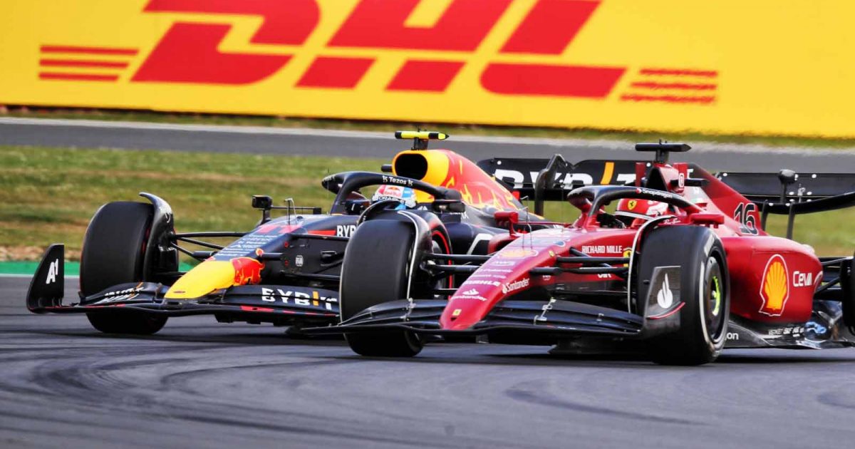 Sergio Perez battles Charles Leclerc. Silverstone July 2022.