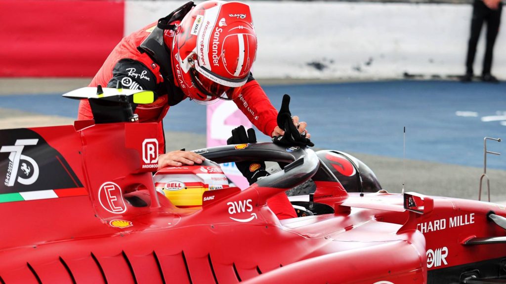 Charles Leclerc congratulates Ferrari team-mate Carlos Sainz for a first Formula 1 win. England, July 2022.