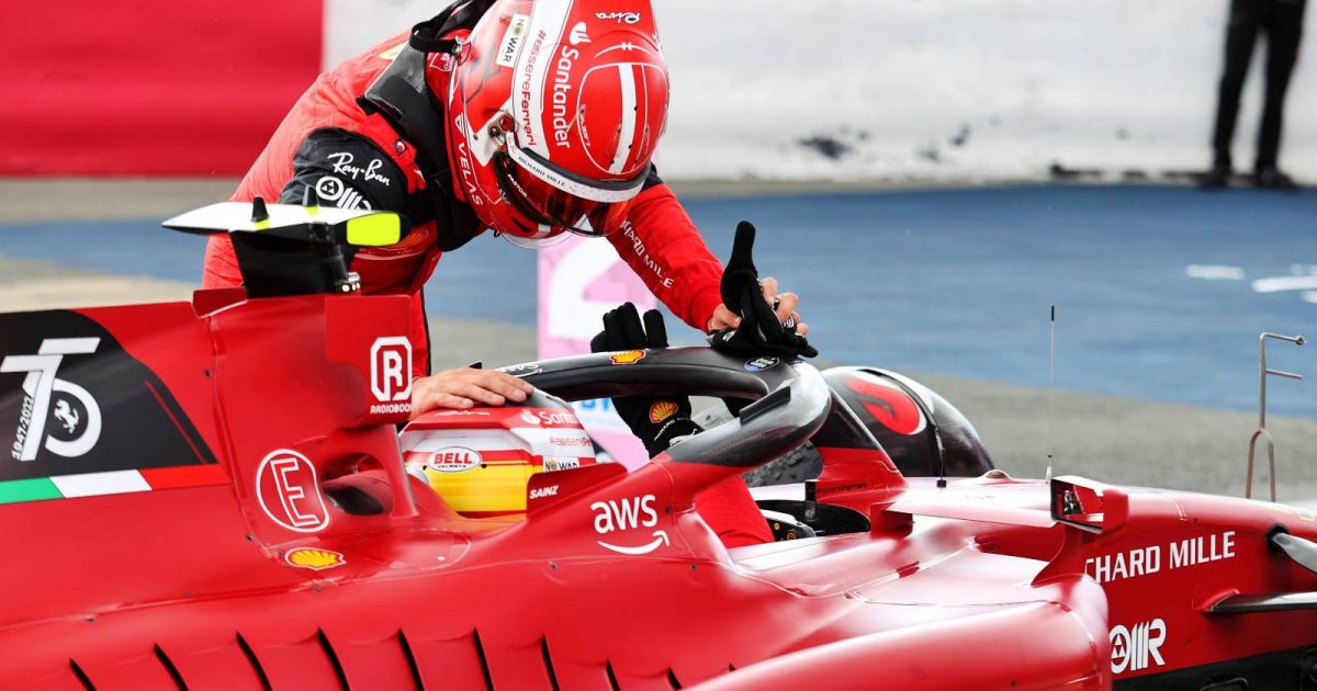 Charles Leclerc congratulates Ferrari team-mate Carlos Sainz for a first Formula 1 win. England, July 2022.