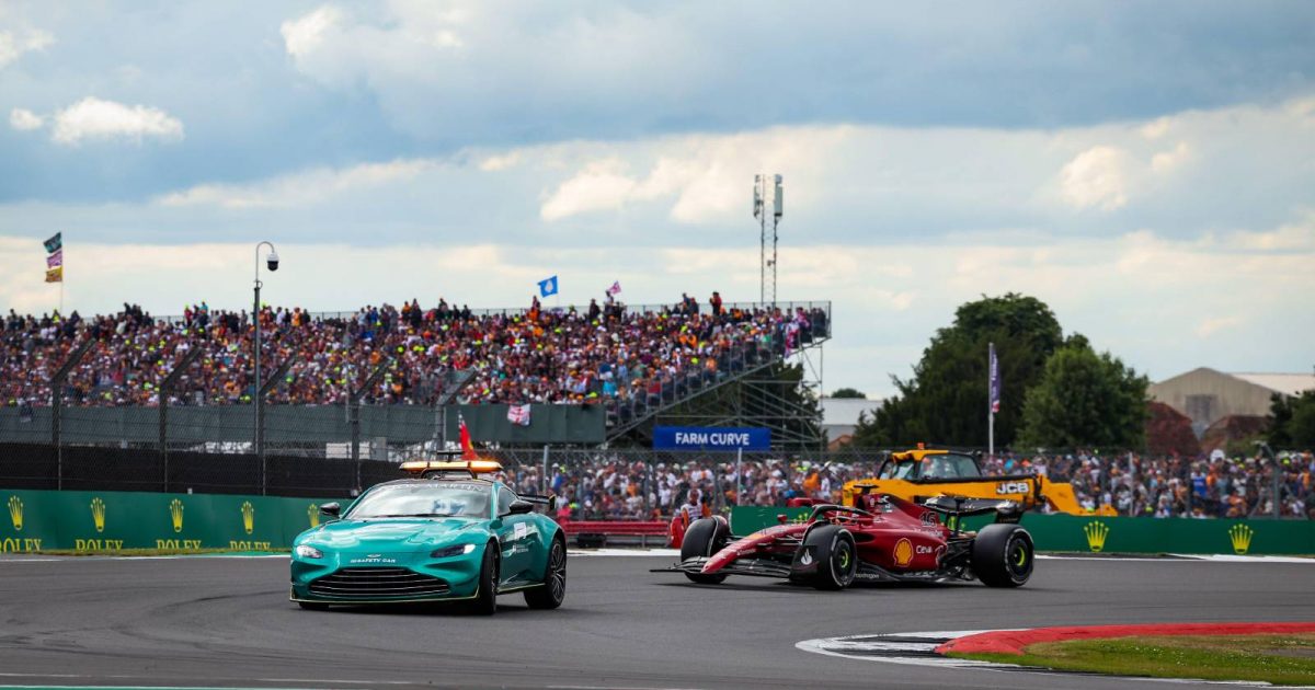 Charles Leclerc's Ferrari behind the Safety Car. Silverstone July 2022.