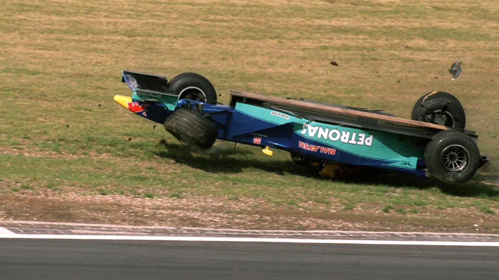 Sauber's Pedro Diniz crashes out of the 1999 European Grand Prix. Nurburgring, September 1999.