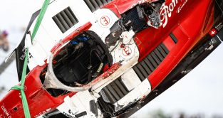 Alfa Romeo's Zhou Guanyu's wrecked car after British Grand Prix. Silverstone, July 2022. F1 Halo