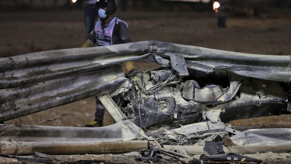The remains of Romain Grosjean's Haas after his crash at the 2020 Bahrain Grand Prix. Sakhir, November 2020.